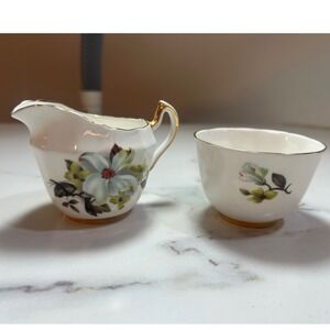 Windsor Bone China Creamer and Sugar Bowl Set Floral Dogwood Gold Trim England